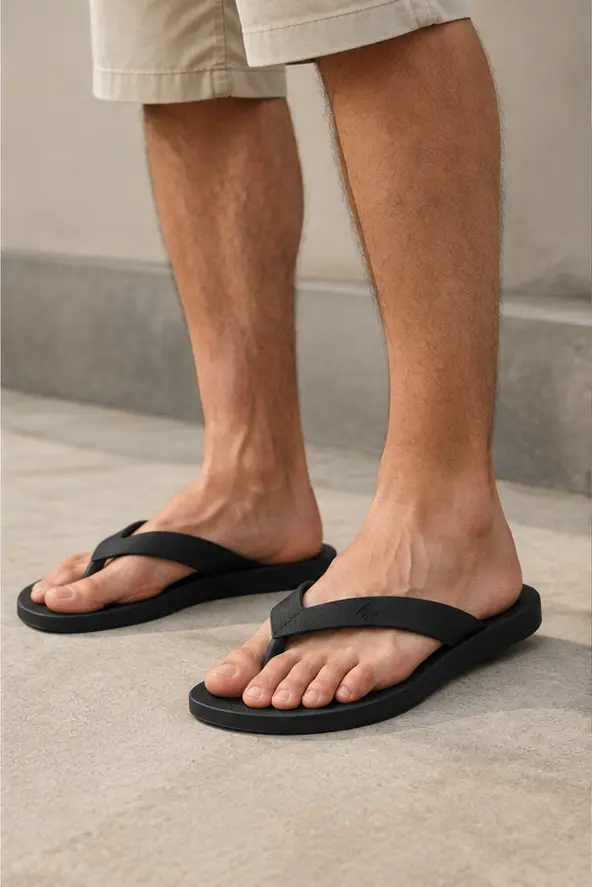 Chinelo essencial Laurent Richard, preto, em uso