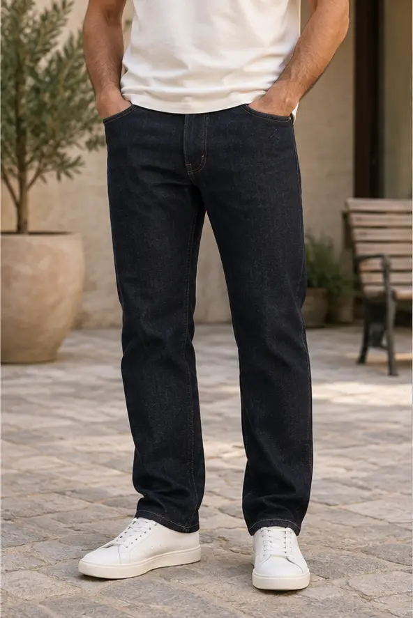 Jeans essencial Laurent Richard, índigo escuro, em uso